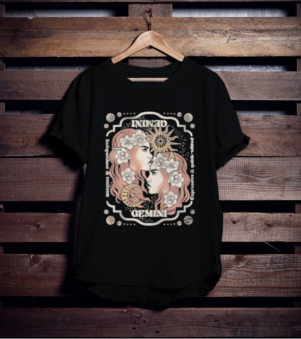 Gemini Independent Curious Expressive Quick Witted Zodiac Sun Moon Floral T-Shirt