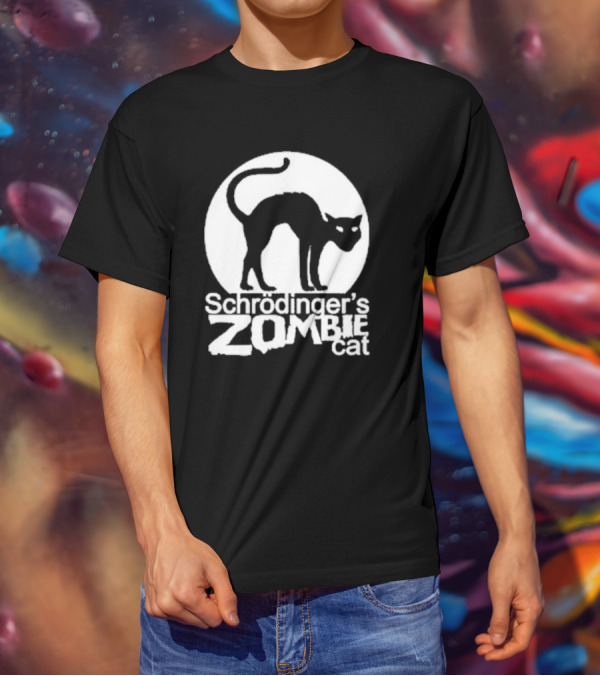 Schrodinger's Zombie Cat Black Silhouette With Round Moon Background T-Shirt