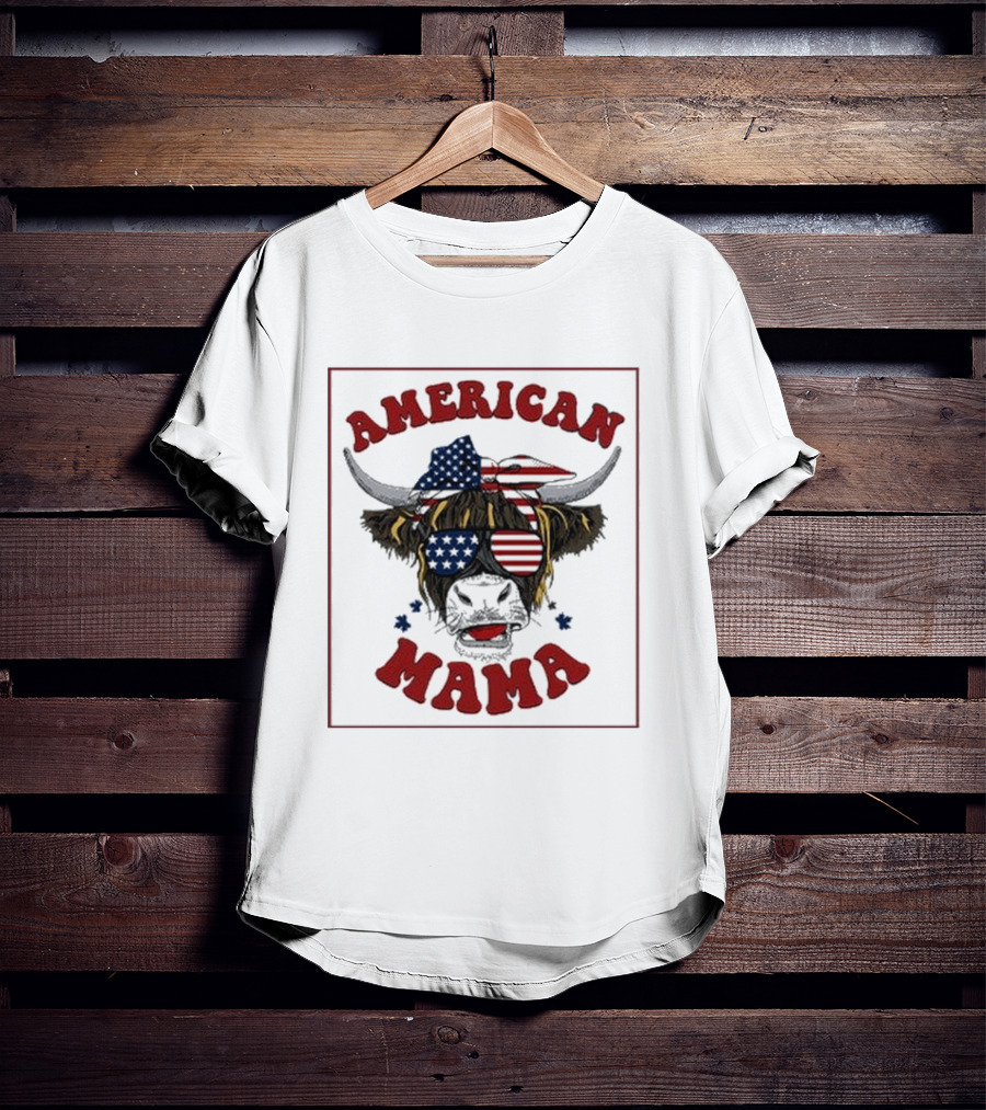 American Mama Cow Patriotic Flag Bandana And Glasses T-Shirt