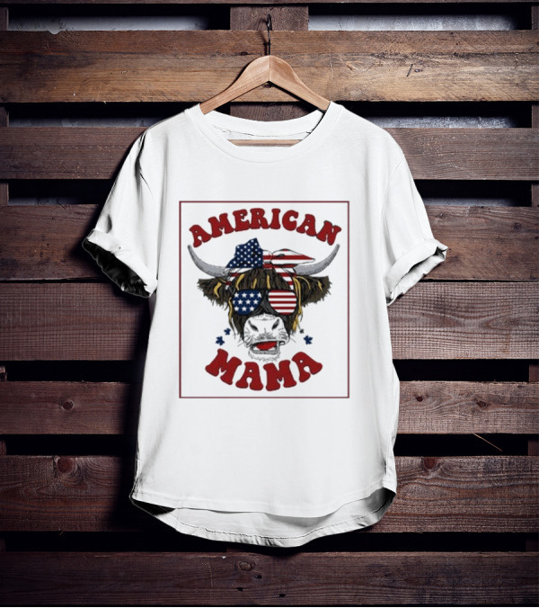 American Mama Cow Patriotic Flag Bandana And Glasses T-Shirt