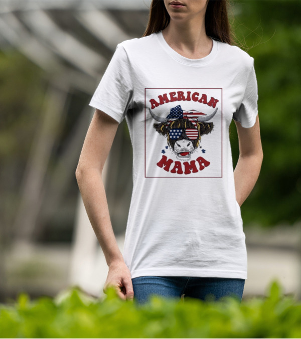 American Mama Cow Patriotic Flag Bandana And Glasses T-Shirt