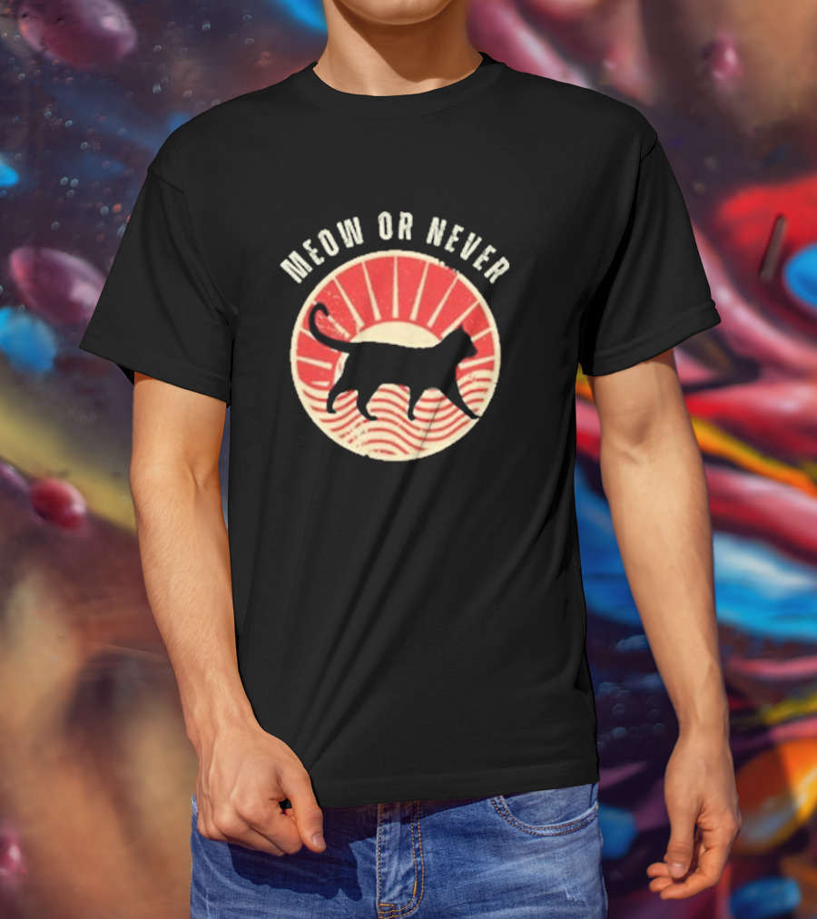 Meow Or Never Retro Sunset Cat T-Shirt