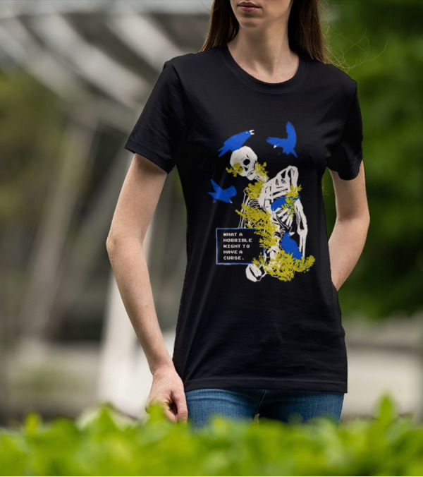 Bandage Brigade Skeleton With Blue Birds And Vines What A Horrible Night To Have A Curse T-Shirt