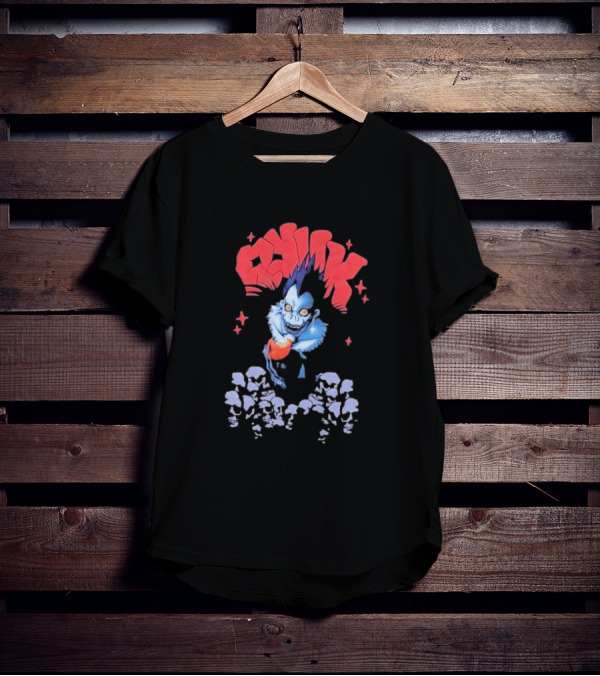 Death Note Ryuk Skull Puff Print Character With Red Spiked Lettering And Skulls T-Shirt