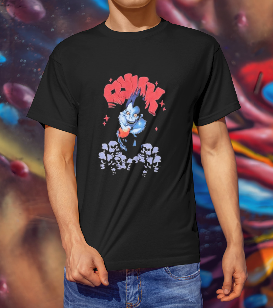 Death Note Ryuk Skull Puff Print Character With Red Spiked Lettering And Skulls T-Shirt