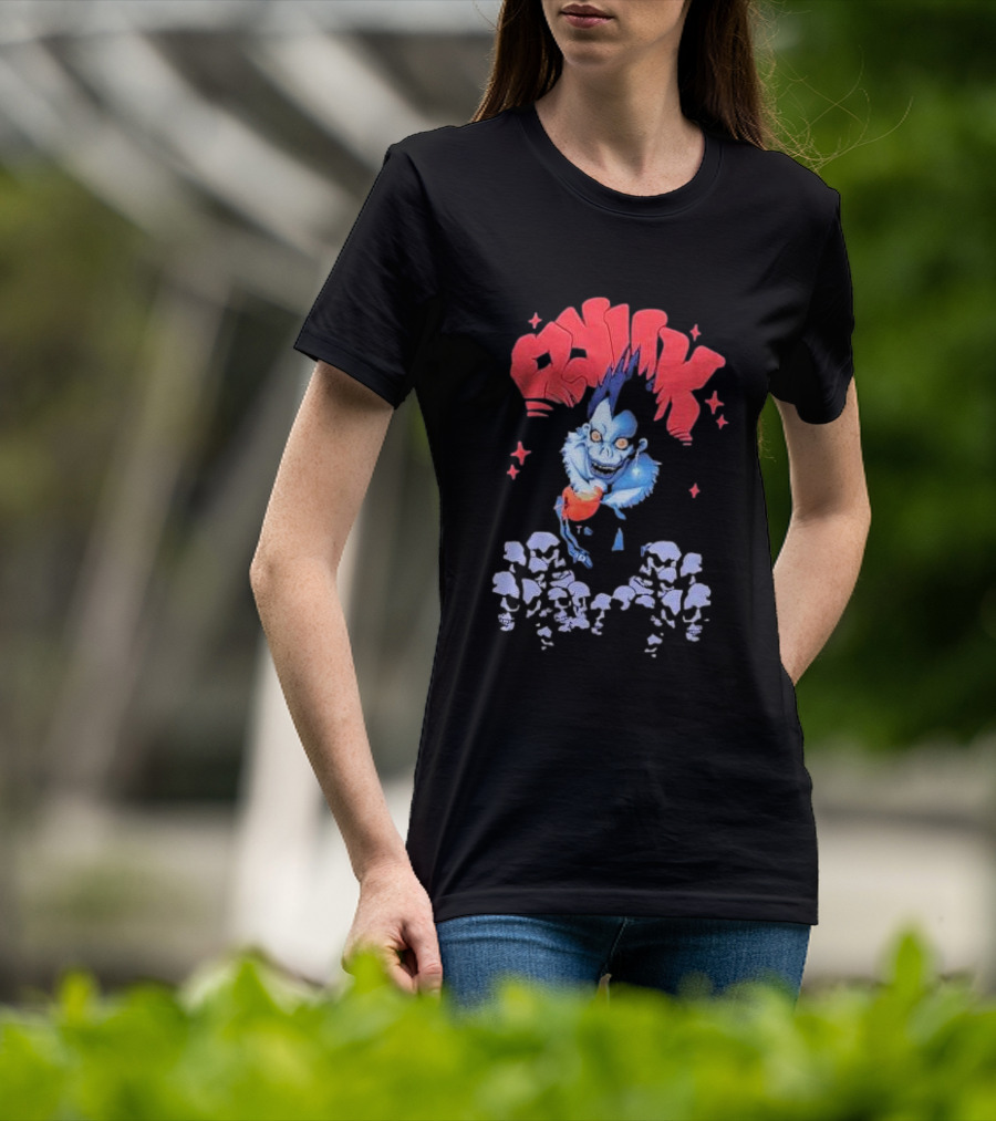 Death Note Ryuk Skull Puff Print Character With Red Spiked Lettering And Skulls T-Shirt