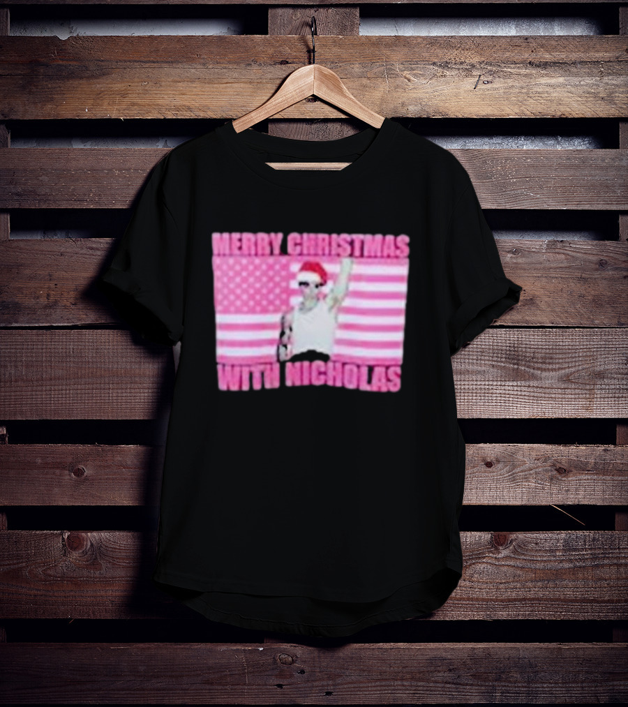 Merry Christmas With Nicholas Festive Santa Hat USA Flag T-Shirt