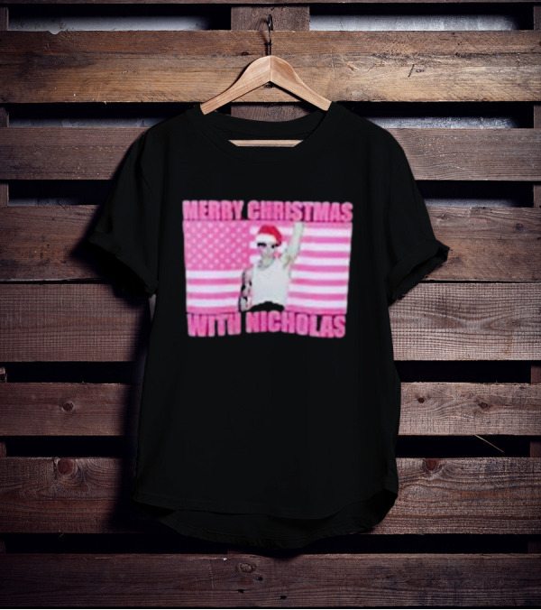 Merry Christmas With Nicholas Festive Santa Hat USA Flag T-Shirt