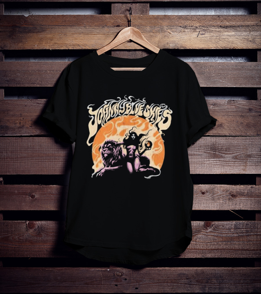 Johnny Blue Skies Sorceress With Lion Orange Background T-Shirt