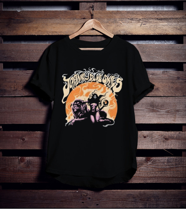 Johnny Blue Skies Sorceress With Lion Orange Background T-Shirt