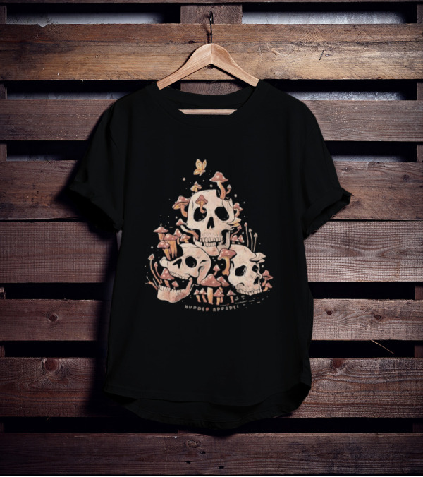 Skulls And Fungi Mushroom Murder Butterfly T-Shirt