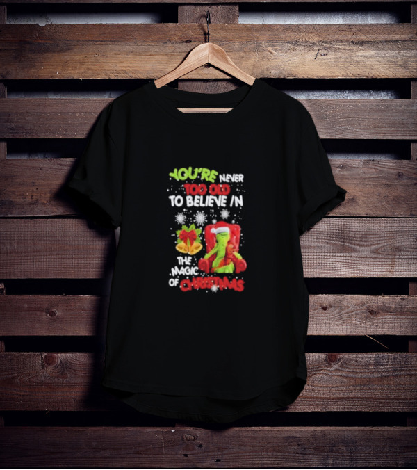 You're Never Too Old To Believe In The Magic Of Christmas With Santa Hat And Chair T-Shirt