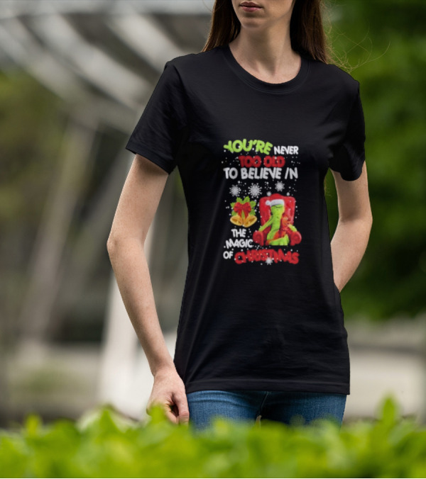 You're Never Too Old To Believe In The Magic Of Christmas With Santa Hat And Chair T-Shirt