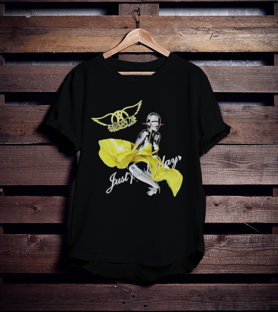 Aerosmith Just Push Play Logo With Futuristic Figure And Yellow Dress T-Shirt