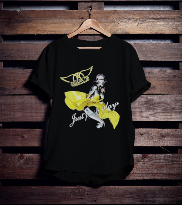 Aerosmith Just Push Play Logo With Futuristic Figure And Yellow Dress T-Shirt