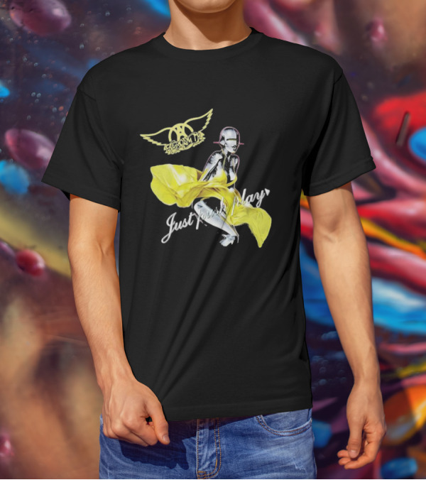 Aerosmith Just Push Play Logo With Futuristic Figure And Yellow Dress T-Shirt