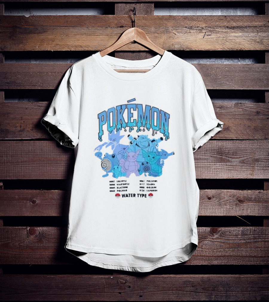 POKEMON Water Type Squirtle Wartortle Blastoise Poliwag Psyduck Golduck Poliwhirl Seadra Vaporeon T-Shirt