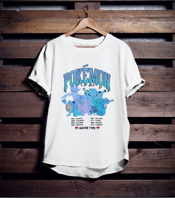 POKEMON Water Type Squirtle Wartortle Blastoise Poliwag Psyduck Golduck Poliwhirl Seadra Vaporeon T-Shirt