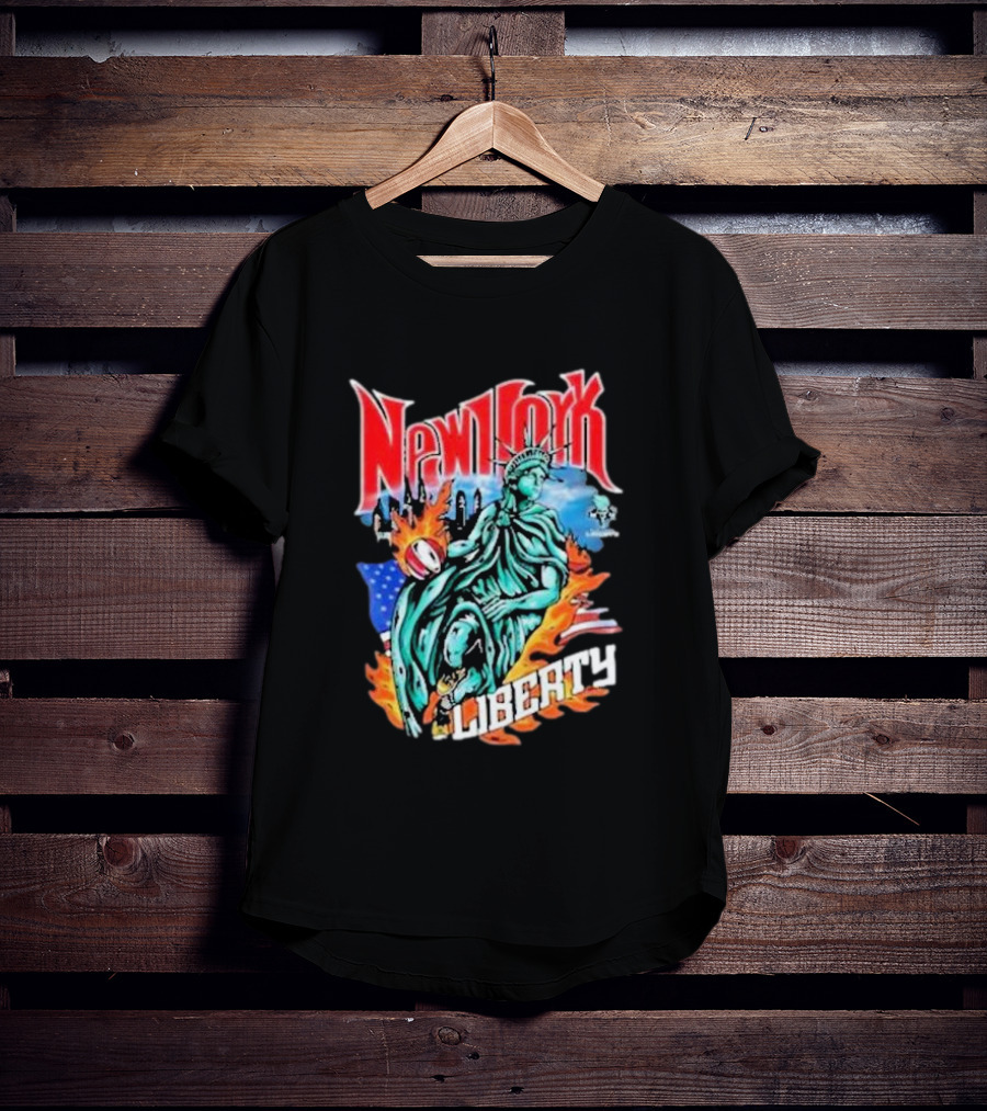 New York Liberty Statue Of Liberty With Flames And American Flag Basketball T-Shirt