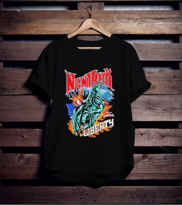New York Liberty Statue Of Liberty With Flames And American Flag Basketball T-Shirt