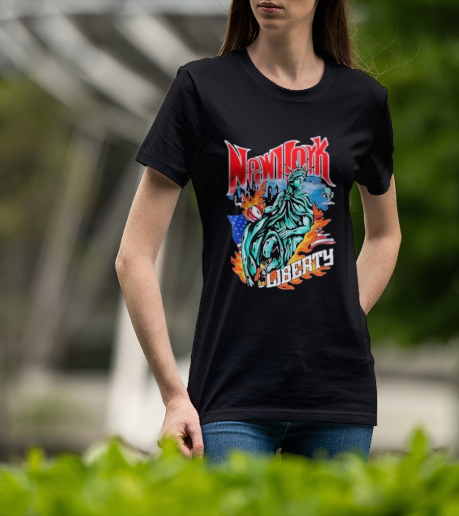 New York Liberty Statue Of Liberty With Flames And American Flag Basketball T-Shirt