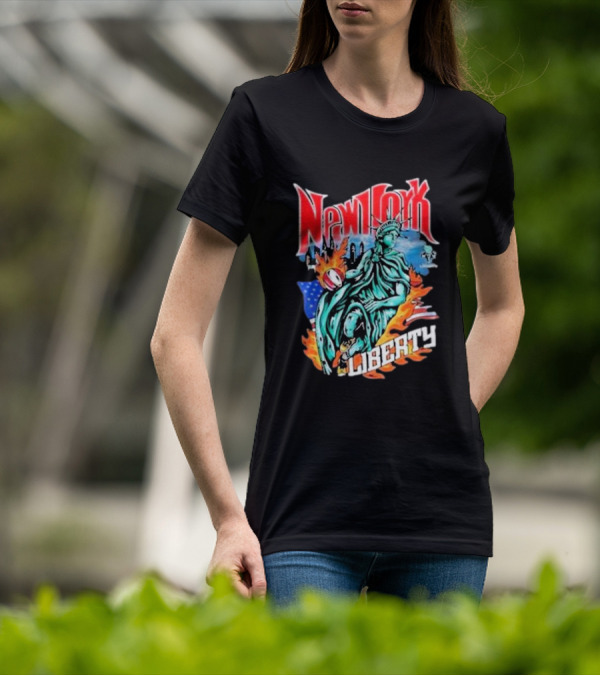 New York Liberty Statue Of Liberty With Flames And American Flag Basketball T-Shirt