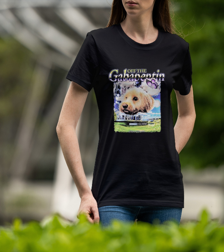 Off The Gabapentin Dog Floating Above Clouds And Stonehenge With Butterflies T-Shirt