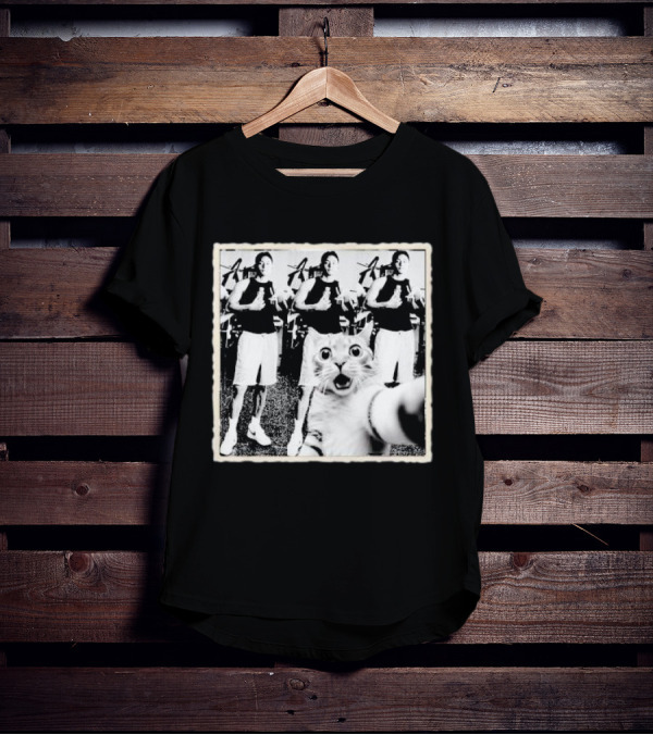 Cat Selfie With Taehyung Sasquatch And Cat Black And White Duplicate Thumbs Up T-Shirt