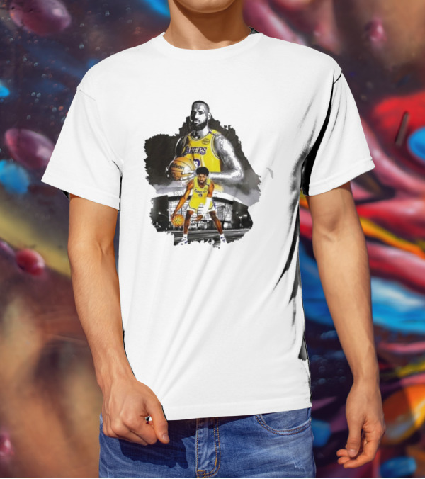 Lebron James Lakers Basketball Star In Action With Los Angeles Stadium Background T-Shirt