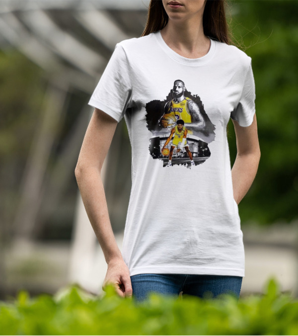 Lebron James Lakers Basketball Star In Action With Los Angeles Stadium Background T-Shirt