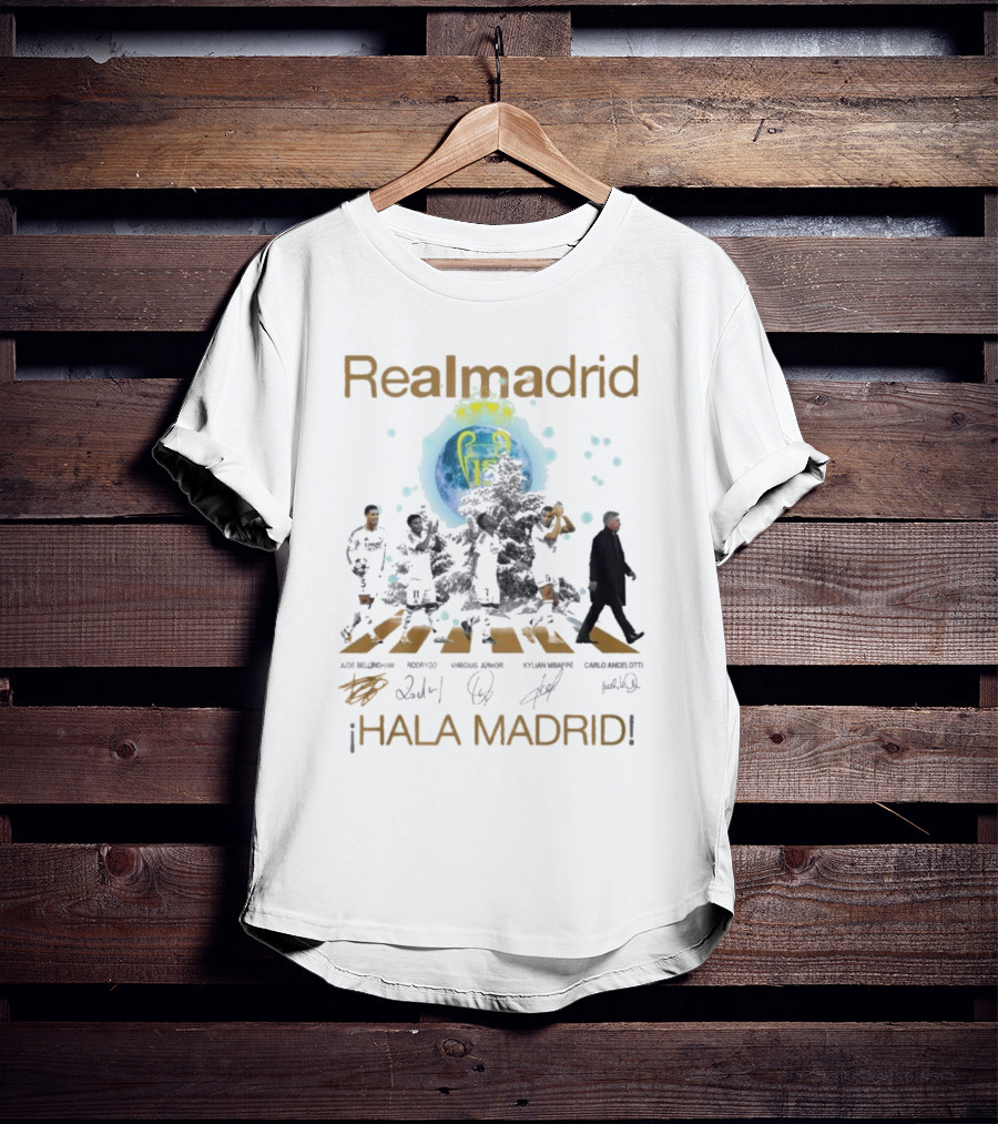 Real Madrid Hala Madrid Jude Bellingham Rodrygo Vinicius Junior Kylian Mbappe Carlo Ancelotti Signatures T-Shirt
