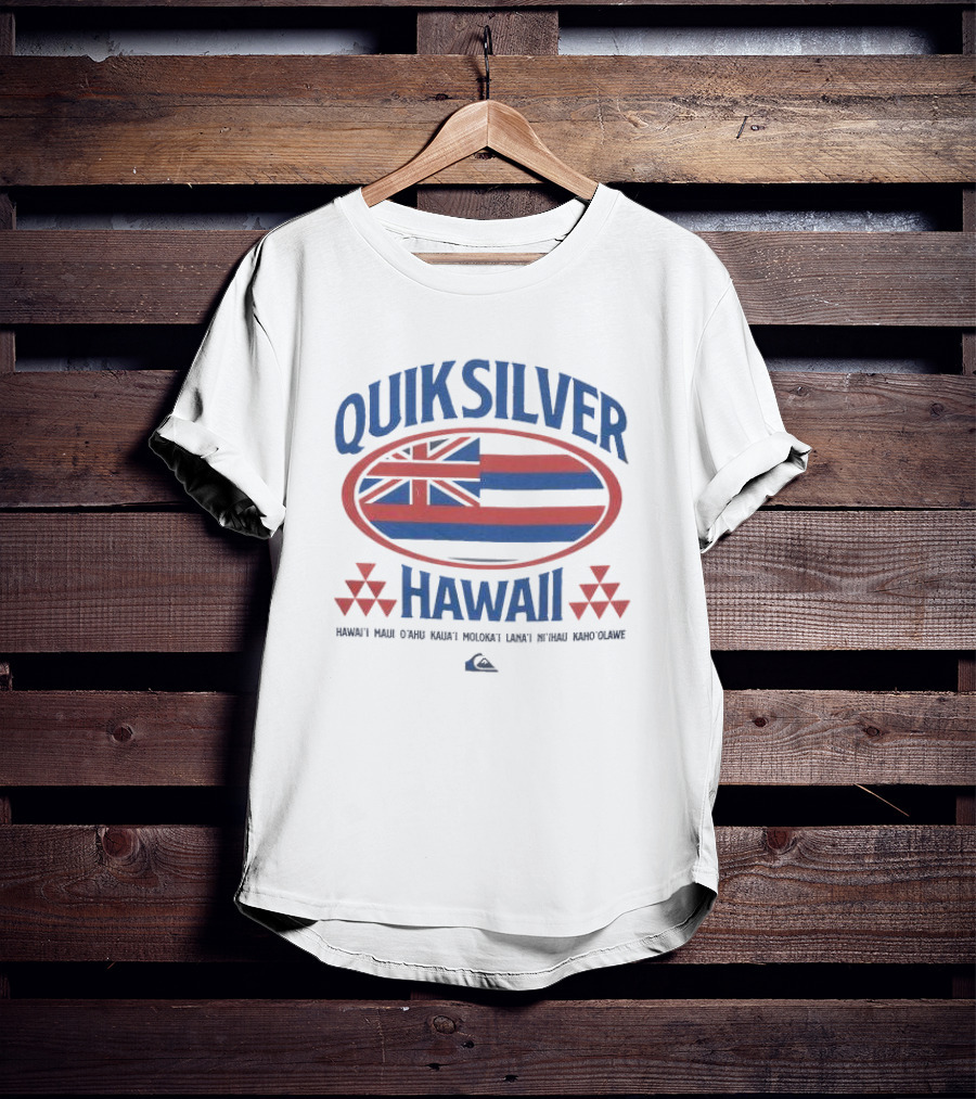 Quiksilver Hawaii Flag Design With Island Names - Hawai'i Maui O'ahu Kaua'i Moloka'i Lana'i Ni'ihau Kaho'olawe T-Shirt