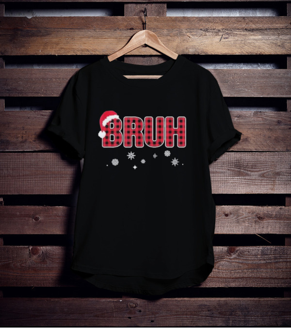 Bruh Christmas Pajamas Kids Teens Boys Red Plaid Santa Hat Snowflakes T-Shirt