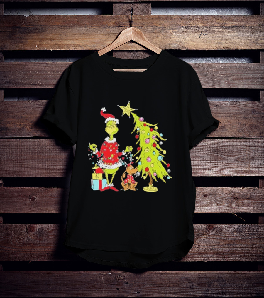 Grinch Christmas Tree With Santa Hat And Max By Presents T-Shirt