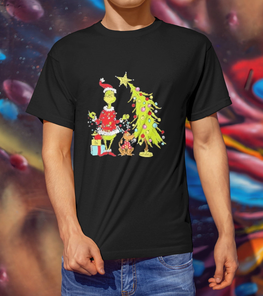 Grinch Christmas Tree With Santa Hat And Max By Presents T-Shirt