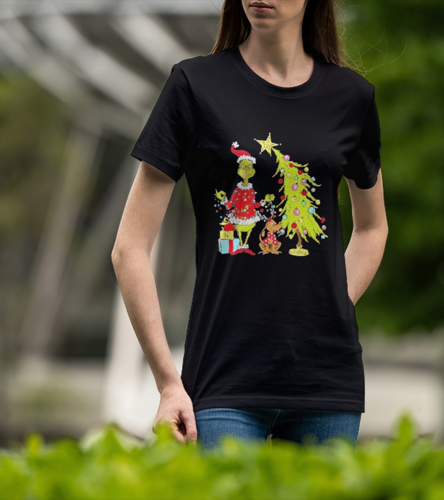 Grinch Christmas Tree With Santa Hat And Max By Presents T-Shirt