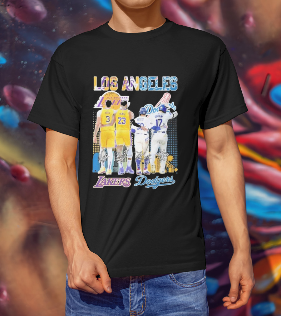 Los Angeles Lakers Dodgers LeBron James Anthony Davis Mookie Betts Freddie Freeman Signatures T-Shirt