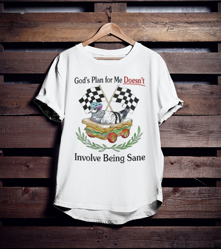 God's Plan For Me Doesn’t Involve Being Sane Pigeon Sandwich Racing Wheels Checkered Flags T-Shirt