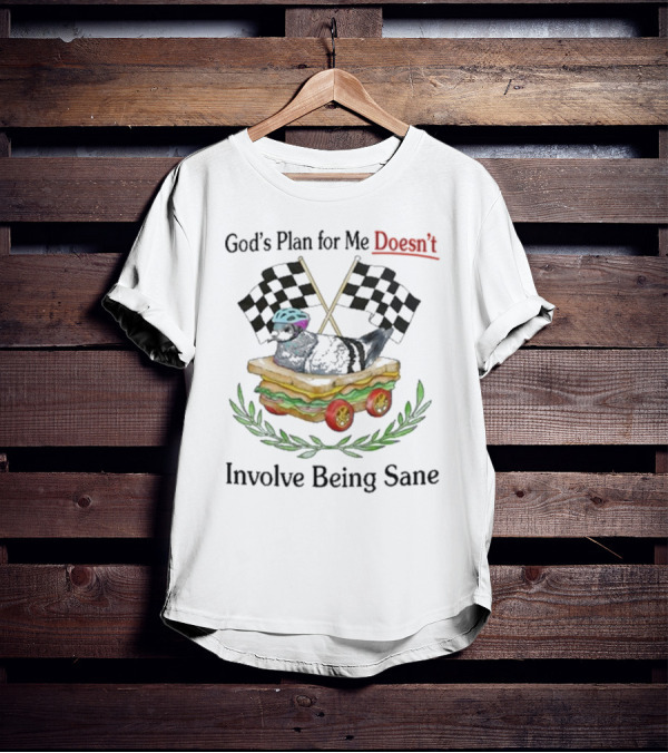 God's Plan For Me Doesn’t Involve Being Sane Pigeon Sandwich Racing Wheels Checkered Flags T-Shirt