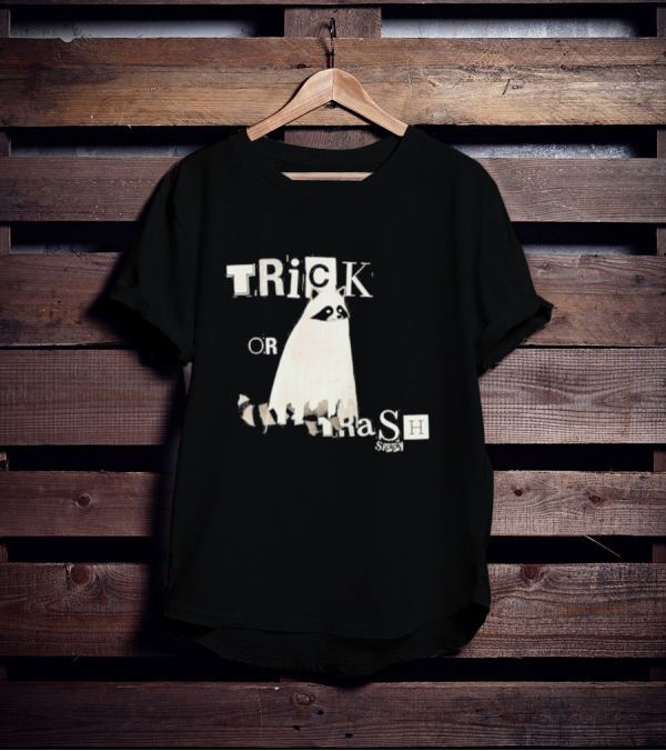 TRICK OR TRASH SIPPY Black Raccoon Ghost Costume T-Shirt