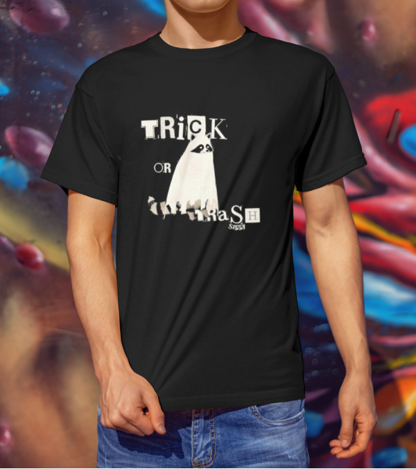 TRICK OR TRASH SIPPY Black Raccoon Ghost Costume T-Shirt