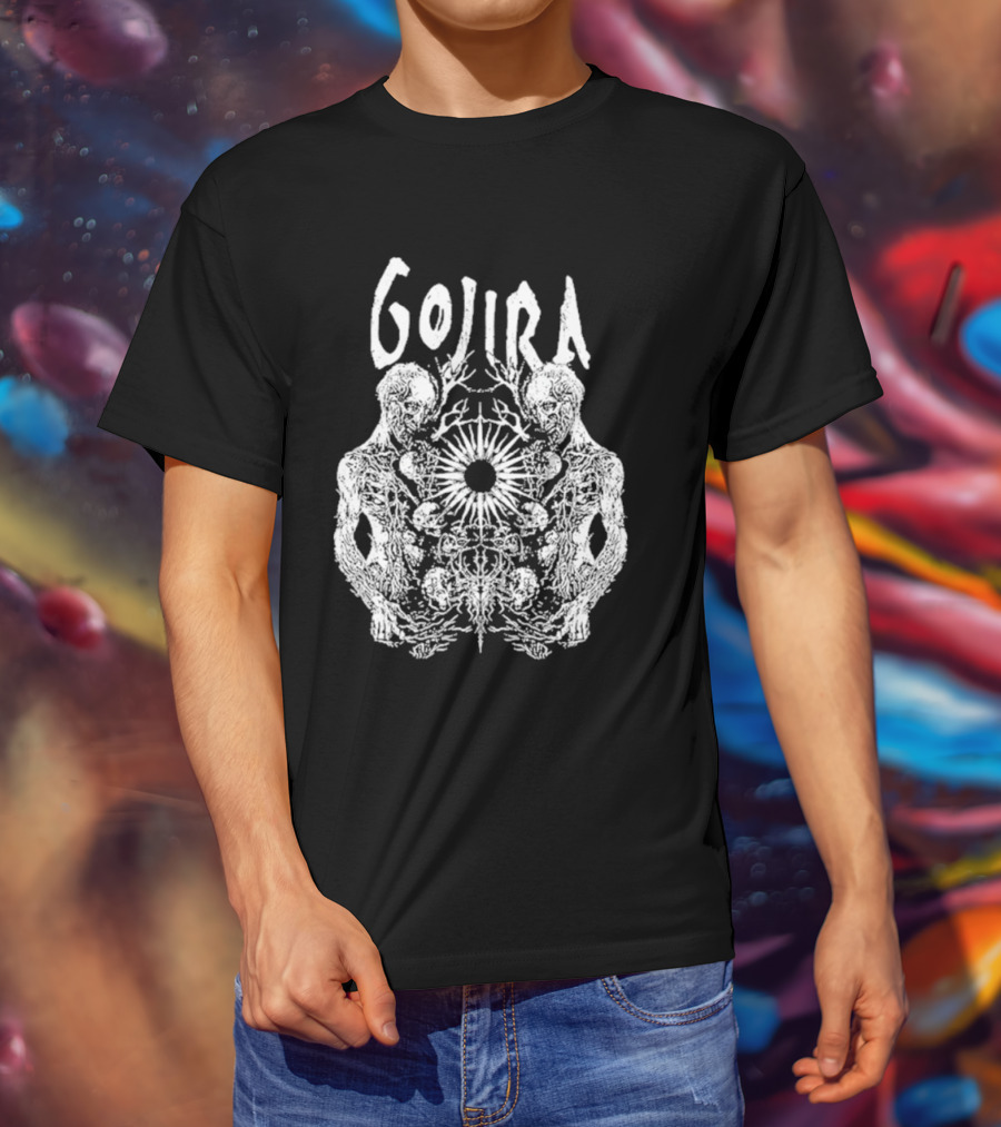 GOJIRA Twin Skull Symmetry With Skeletal Figures And Central Orb T-Shirt