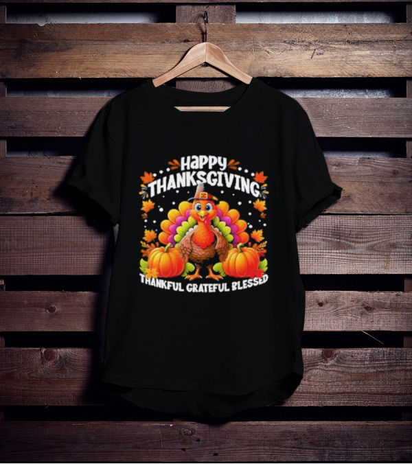 Happy Thanksgiving Turkey Thankful Grateful Blessed With Pumpkins And Autumn Leaves T-Shirt