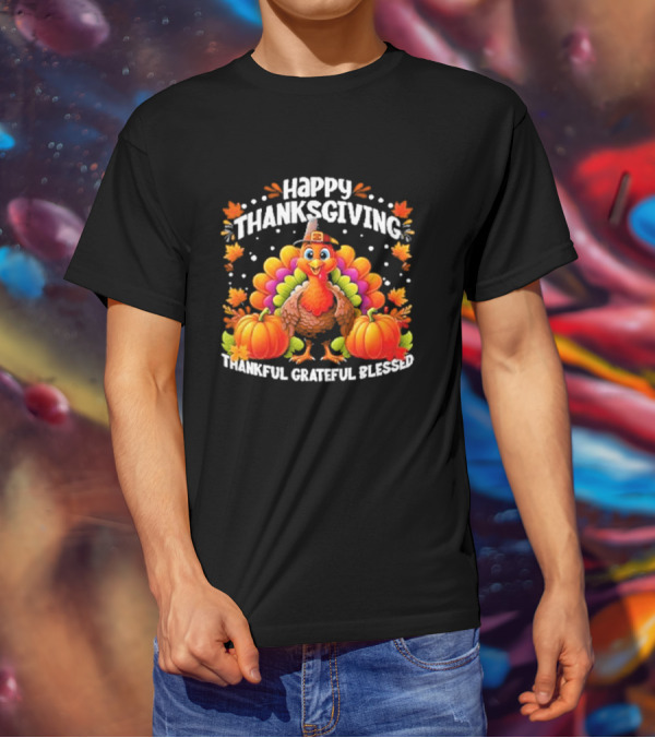Happy Thanksgiving Turkey Thankful Grateful Blessed With Pumpkins And Autumn Leaves T-Shirt