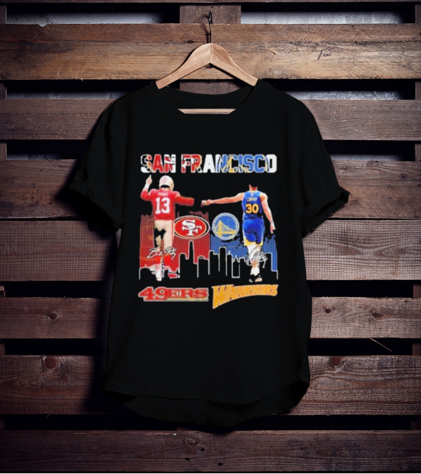 San Francisco 49ers Golden State Warriors Signatures With San Francisco Skyline T-Shirt