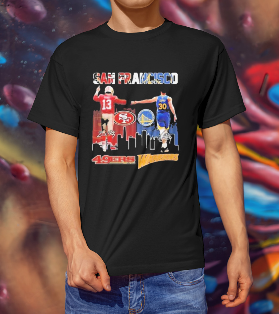 San Francisco 49ers Golden State Warriors Signatures With San Francisco Skyline T-Shirt