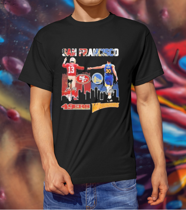 San Francisco 49ers Golden State Warriors Signatures With San Francisco Skyline T-Shirt