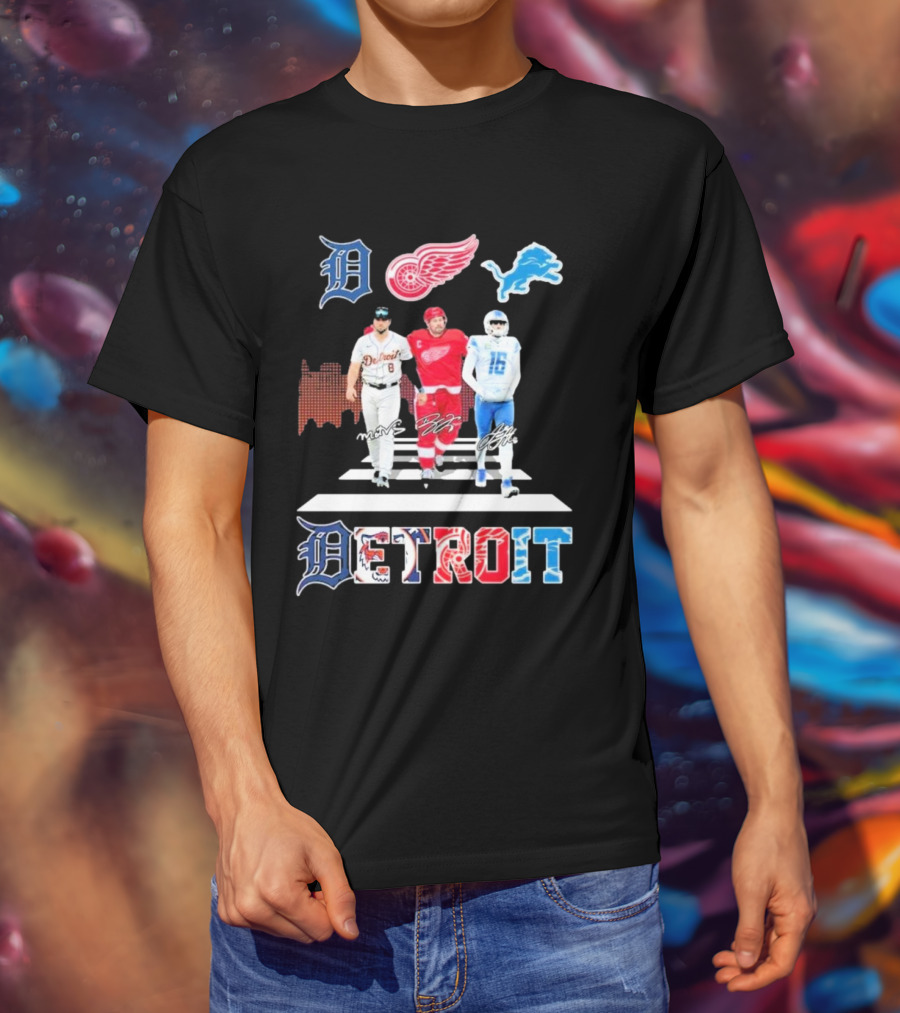 Detroit Lions Tigers Red Wings Legends Crossing Detroit T-Shirt