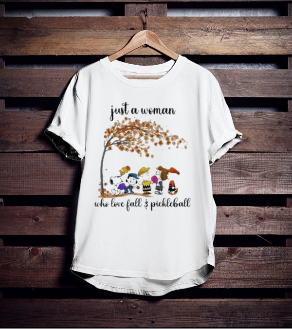 Just A Woman Who Loves Fall And Pickleball With Snoopy And Friends Under Autumn Tree T-Shirt