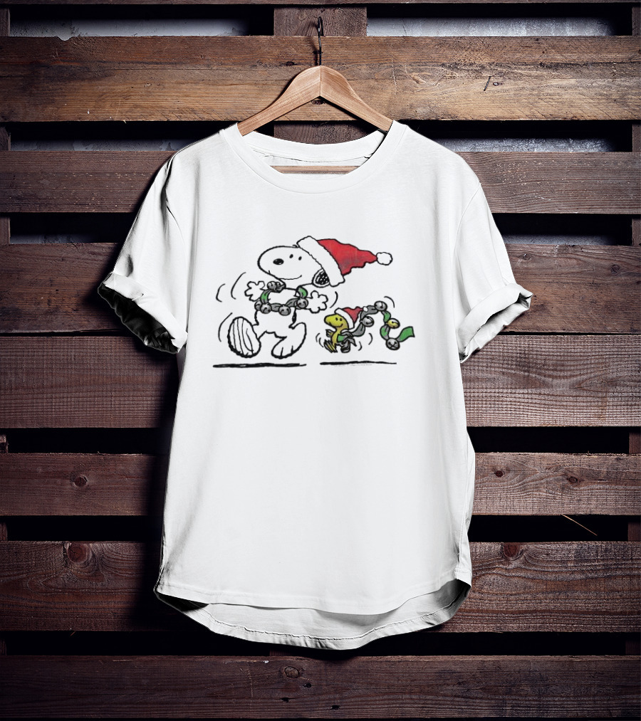 Snoopy And Woodstock Dancing In Santa Hats Christmas T-Shirt
